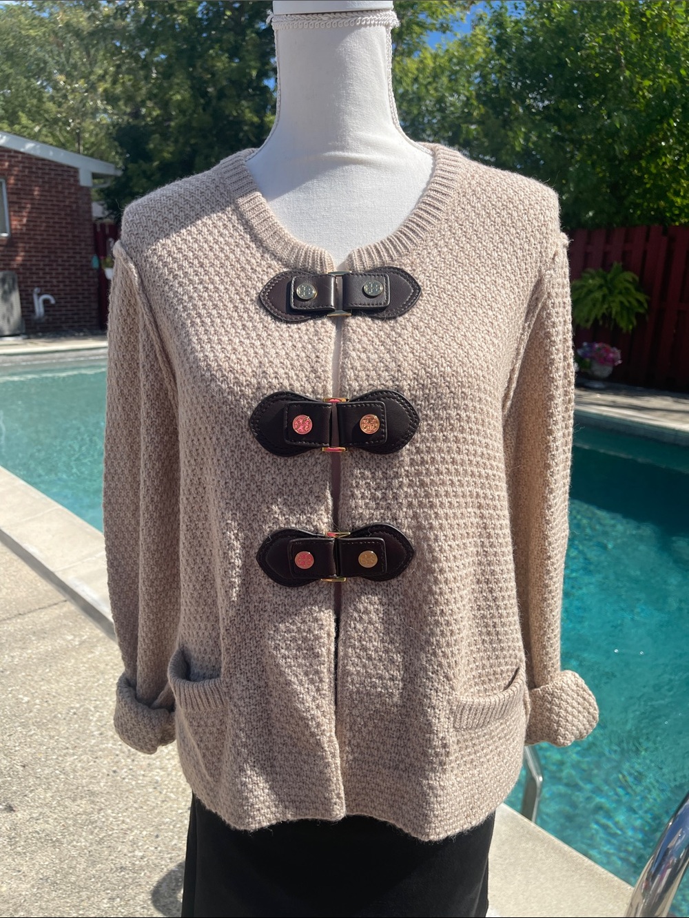 Tory Burch Tan/Beige Textured Snap-Front Women’s Sweater
